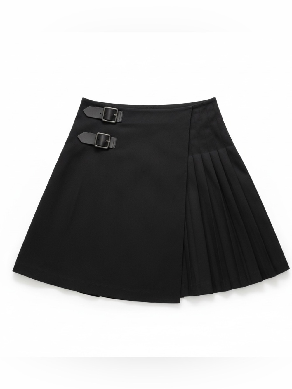 Burberry Black Pleated Wrap-Aline Skirt with Buckle Straps